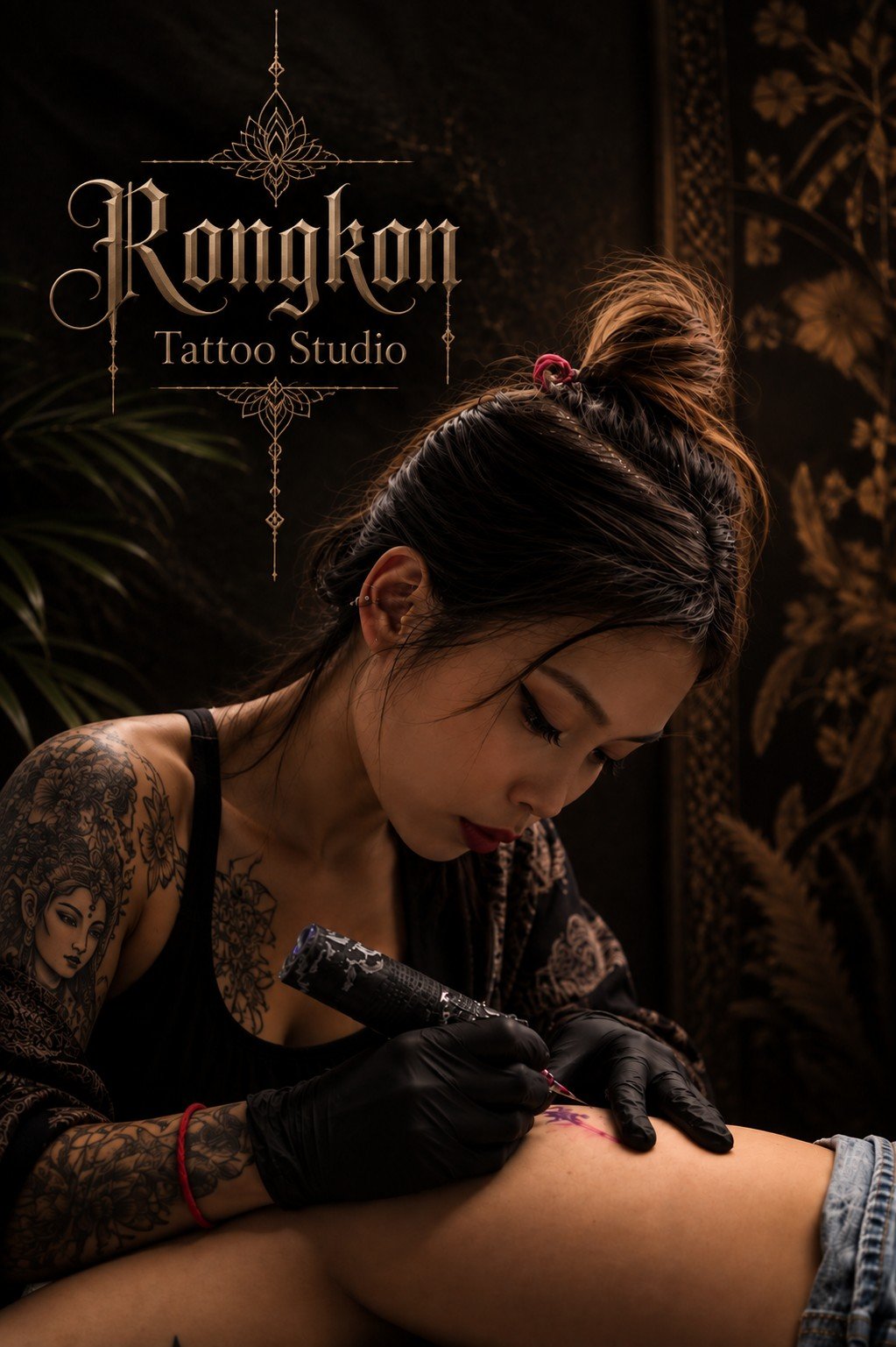 Leak, tattoo artist at Rongkon Studio, working on a tattoo