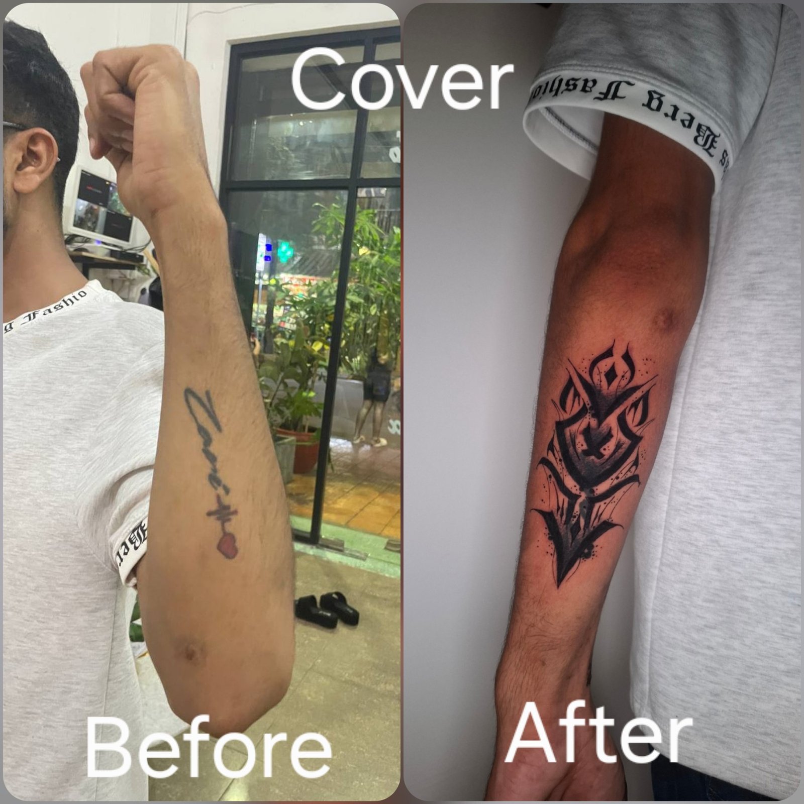 Before and after: bold abstract blackwork covering older lettering on the forearm. Tattoo by Deniz